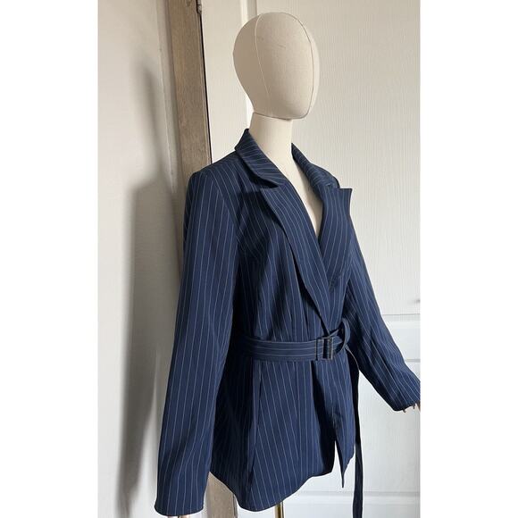 Jason Wu X ELOQUII Navy Blue Pinstripe Blazer Jacket Belted Pockets Size 20 - Picture 6 of 16